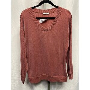 Tres Bien Womens Red Striped V Neck Long Sleeve Lightweight Knit Top‎ Size Large